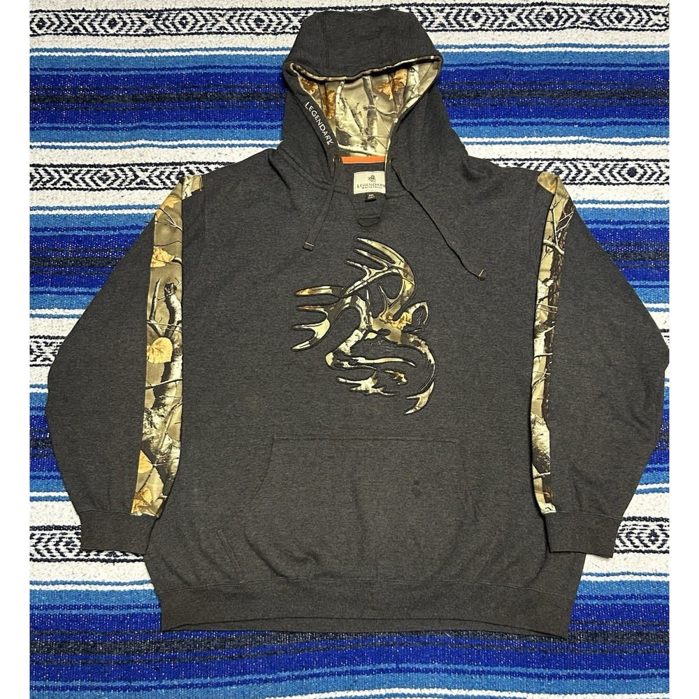 Legendary Whitetails Hoodie Mens 2XL Green Fleece Pullover Camo Buck Sweatshirt